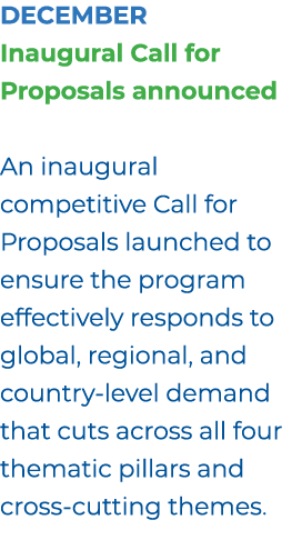 December Inaugural Call for Proposals announced An inaugural competitive Call for Proposals launched to ensure the pr...