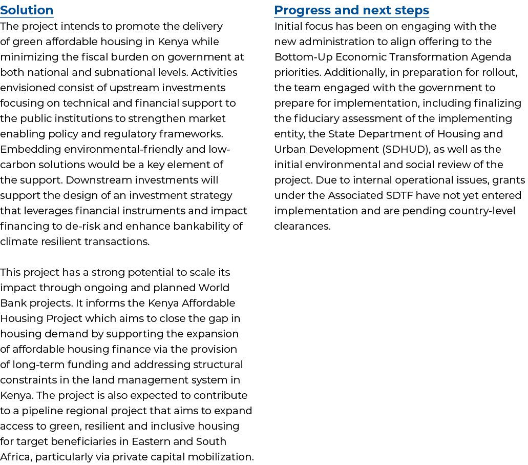 Solution The project intends to promote the delivery of green affordable housing in Kenya while minimizing the fiscal...