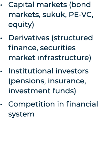 Capital markets (bond markets, sukuk, PE VC, equity) Derivatives (structured finance, securities market infrastructur...