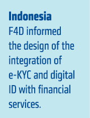  Indonesia F4D informed the design of the integration of e KYC and digital ID with financial services.