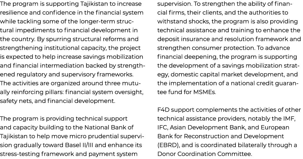 The program is supporting Tajikistan to increase resilience and confidence in the financial system while tackling som...