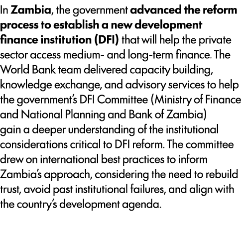 In Zambia, the government advanced the reform process to establish a new development finance institution (DFI) that w...