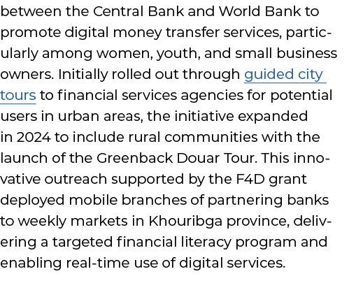 between the Central Bank and World Bank to promote digital money transfer services, particularly among women, youth, ...